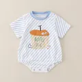 Baby cotton short-sleeved bodysuit with blue stripes and Apple Pie cartoon print - Top And Bottom (Diagonal Stripe Apple Pie Style (2574)) / Blue / 73cm