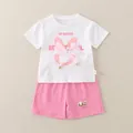 Camiseta blanca de niña con estampado de conejo y lazo 3D, con pantalones cortos rosa - 80cm / Conjunto de Flores de Mariposa - Rosa