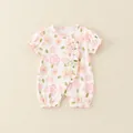 Süßer Baby-Kurzarm-Strampler mit Blumenmuster, Rüschenkanten und Spitzen-Schleifen-Detail - Rosa / 66CM