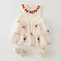 Vestido de algodón crema sin mangas para bebé con lazos rojos y sandalias a juego - 73cm / Beige