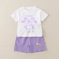 Ensemble d'été en coton pour fille avec T-shirt lapin blanc et short violet - 80cm / Ensemble Fleur Papillon - Violet