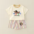 Infant summer set with beige puppy t-shirt and colorful striped shorts outfit - Yellow Dog Striped Pants (2564)