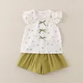Ensemble d'été pour filles avec chemise à fleurs et short vert olive en coton - 80cm / Ensemble Trois Nœuds - Vert