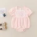 Pagliaccetto neonata rosa a maniche corte con pizzo a cuore e ricami estivi - Rosa / 66cm