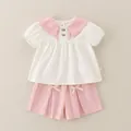 Ensemble d'été rose et blanc pour filles avec col Claudine et nœuds décoratifs - 80cm / Ensemble à Grand Revers - Rose