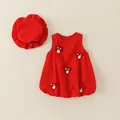 Red cotton sleeveless baby dress with mushroom embroidery and matching sun hat - 73cm / Red
