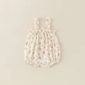 Floral print baby girl cotton romper bodysuit with ruffle straps in off-white summer style - 66cm / Pink