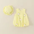 Infant yellow cotton sleeveless dress and matching sun hat set with cute 3D ducks - 73cm / Yellow