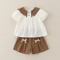Ensemble d'été fille avec haut à col marin blanc et short marron avec nœuds - 80cm / Ensemble à Grand Revers - Café