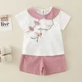 Ensemble d'été en coton pour filles avec haut brodé blanc et short rose style chinois - 80cm / Ensemble Style Chinois Fleurs Et Oiseaux - Rose
