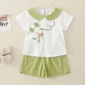 Ensemble fille en coton blanc avec short vert, broderie d'oiseaux et boutons chinois - 80cm / Ensemble Style Chinois Fleurs Et Oiseaux - Vert