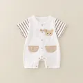 Infant cotton short sleeve romper in white with brown striped sleeves and bear patch - 66cm / Beige