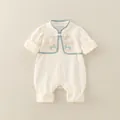 Infant romper in beige cotton with traditional Chinese embroidery and knot buttons - 66cm / Apricot