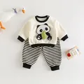 Infant two-piece cotton set with 3D panda patch sweatshirt and striped pants - 73cm / Black