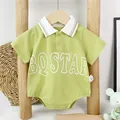 Green cotton baby polo romper with white BQSTAR letter print and snap buttons - Green Large Letter Style