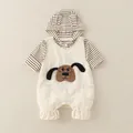 Baby Baumwolle Set mit gestreiftem Hoodie und Hunde-Latzhose in Beige und Braun - 73cm / Set / Cremeweiß Welpen-Streifen Stil