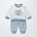 Blue striped baby boy outfit set with cute elephant embroidery on white background - 80 / Blue