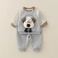 Grey cotton baby outfit with striped sleeves and cartoon music dog embroidery - Grey Music Dog Set / 73cm