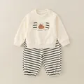 Infant cotton set featuring off-white dog print sweatshirt and striped pants - Apricot Stripe Dog Set / 73cm