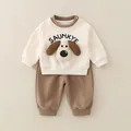 Infant boys' cream sweatshirt with dog embroidery and brown joggers casual set - Brown Alphabet Dog Set / 73cm