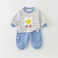 Blauw gestreept katoenen babypak voor baby's met cartoon ei-borduurwerk en een broek - 73cm / Blauw