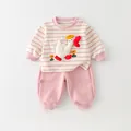 Baby-set van gestreept sweatshirt en roze broek met 3D-eendenborduurwerk - 73cm / Roze