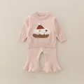 Rosa gesprenkeltes Strick-Set für Baby Mädchen mit Stickerei und Schlaghose - 66 / Rosa
