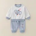 Baby Jungen Baumwollset mit blau gestreiftem Elefanten-Sweatshirt und passender Hose - Blaues Elefanten-Set
