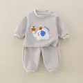 Cute baby spring two-piece set in light grey with elephant embroidery and striped cuffs - 73cm / Gray