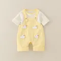 Baby cotton overall set featuring white t-shirt and yellow bib shorts with 3D ducks - 73cm / Yellow