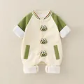 Baby baseball romper with green raglan sleeves and cute 3D frog buttons on the front - 73cm / Top And Bottom / Green Frog Romper