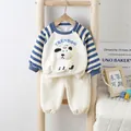 Zweiteiliges Baby-Set aus Baumwolle mit gestreiften Raglanärmeln und Cartoon-Hundemotiv - 73cm / Oberteil Und Unterteil / Blau