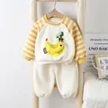 Kleinkinder Baumwoll-Set mit gelb gestreiften Ärmeln und Bananen-Cartoon-Muster - 73cm / Set / Gelb