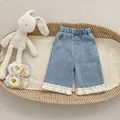 Toddler girls light blue denim wide leg pants with elegant white lace trim at cuffs - Jeans / 73cm
