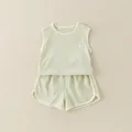 Baby boy summer cotton sleeveless vest and shorts set in grass green with puppy print - Green Set (LZ-2025-17)