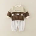 Infant boy's two-piece beige and brown casual set with FOUNG lettering and pockets - 73 / Brown