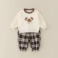 Set neonato a maniche lunghe con felpa cucciolo e pantaloni a quadretti grigi primaverili - 73cm / Quadri