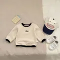 Toddler waffle knit long sleeve tee with letter embroidery and contrast ribbing - Embroidered Waffle Knit Top / 73cm