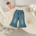 Girls stylish light blue flare jeans with elastic waist and washed cat whiskers - 73cm / Blue