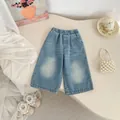 Kids wide leg denim pants in light blue wash with elastic high waist for boys and girls - Washed Denim Wide Leg Pants / 73cm