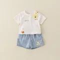 Infant boy summer cotton set featuring cream giraffe print T-shirt and blue denim shorts - Off-White T-Shirt + Light Blue Shorts (Giraffe) / 73cm