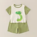 Infant boys cotton summer set with 3D crocodile applique in sage green and cream - Green Dinosaur (2588)