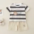 Conjunto de verano para bebé niño con camiseta de león y pantalón caqui - Rayas Blancas y Negras / 73cm