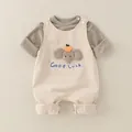 Baby-Baumwollset mit braun gestreiftem Langarmshirt und beiger Elefanten-Latzhose - 73cm / Set / Hellkaffee