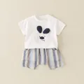 Baby boy summer set with white cartoon puppy tee and blue striped cotton shorts - White Puppy Patch (25157)