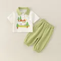 Infant boys cotton polo shirt and trousers set with cartoon duck patch in cream and green - Polo Green Duck (XFC-8091)