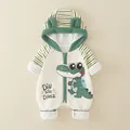 Infant hooded romper with green striped sleeves and cute crocodile print on beige waffle fabric - 66 / Green