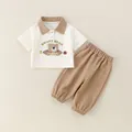 Infant cotton summer set featuring a beige polo shirt with smart bear print and brown pants - Polo Coffee Bear (XFC-8091)