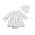 White infant long-sleeved bodysuit with floral embroidery and matching sun hat - 66 / Romper With Matching Hat / White