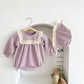 Baby girl long sleeve romper with lace collar and matching hat in soft mauve color - Taro Purple / 73cm